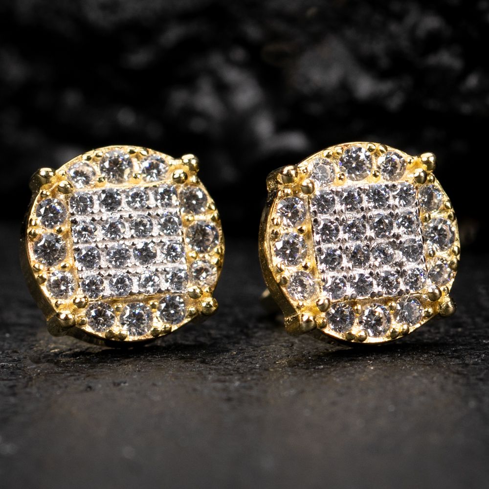 Round 14k Yellow Gold Sterling Silver Four Prong Micro Pave Hip Hop Stud Earrings