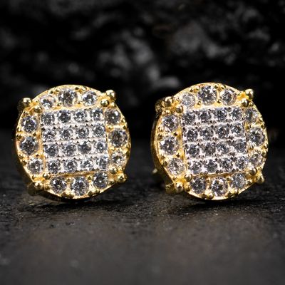 Round 14k Yellow Gold Sterling Silver Four Prong Micro Pave Hip Hop Stud Earrings