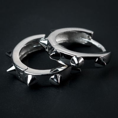 Small Men's White Gold Plated 925 Sterling Silver Post Iced Spike Hoop Earrings