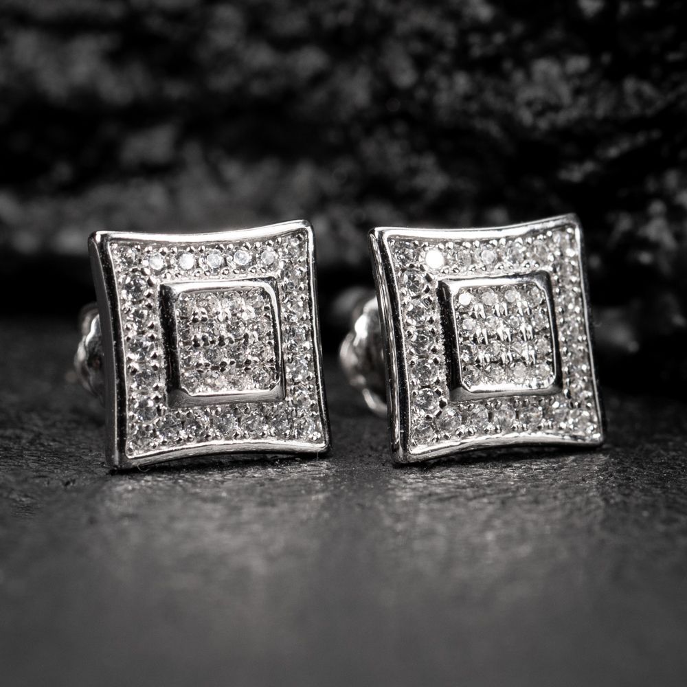 White Gold​ Plated Iced Cz  Kite Square Stud Screw Back Men's Earrings