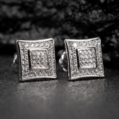 White Gold​ Plated Iced Cz  Kite Square Stud Screw Back Men's Earrings