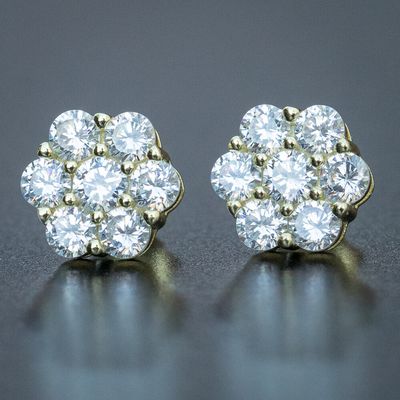 Mens Yellow Gold Plated Sterling Silver Screw Back Post Flower Set Cluster Earrings