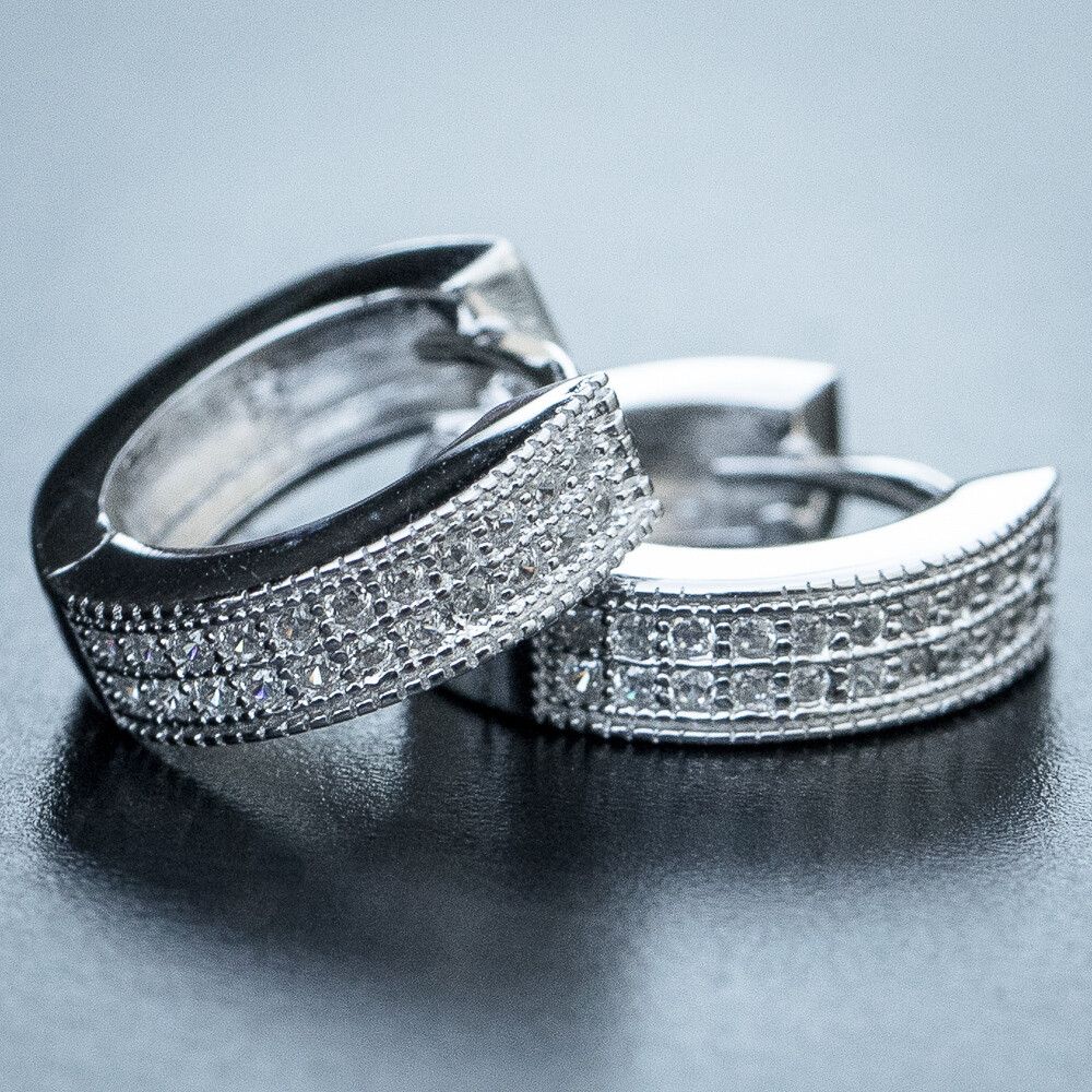 White Gold Plated Small Two Row Iced Cz Hoop Earrings