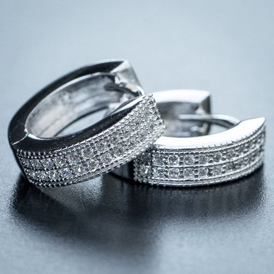 White Gold Plated Small Two Row Iced Cz Hoop Earrings