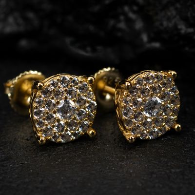 Mens Hip Hop Gold Plated Sterling Silver Post Round Cluster Stud Earrings