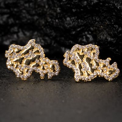 Men's Yellow Gold Plated Diamond Cut Nugget Iced Hip Hop Stud Screw Back Earrings