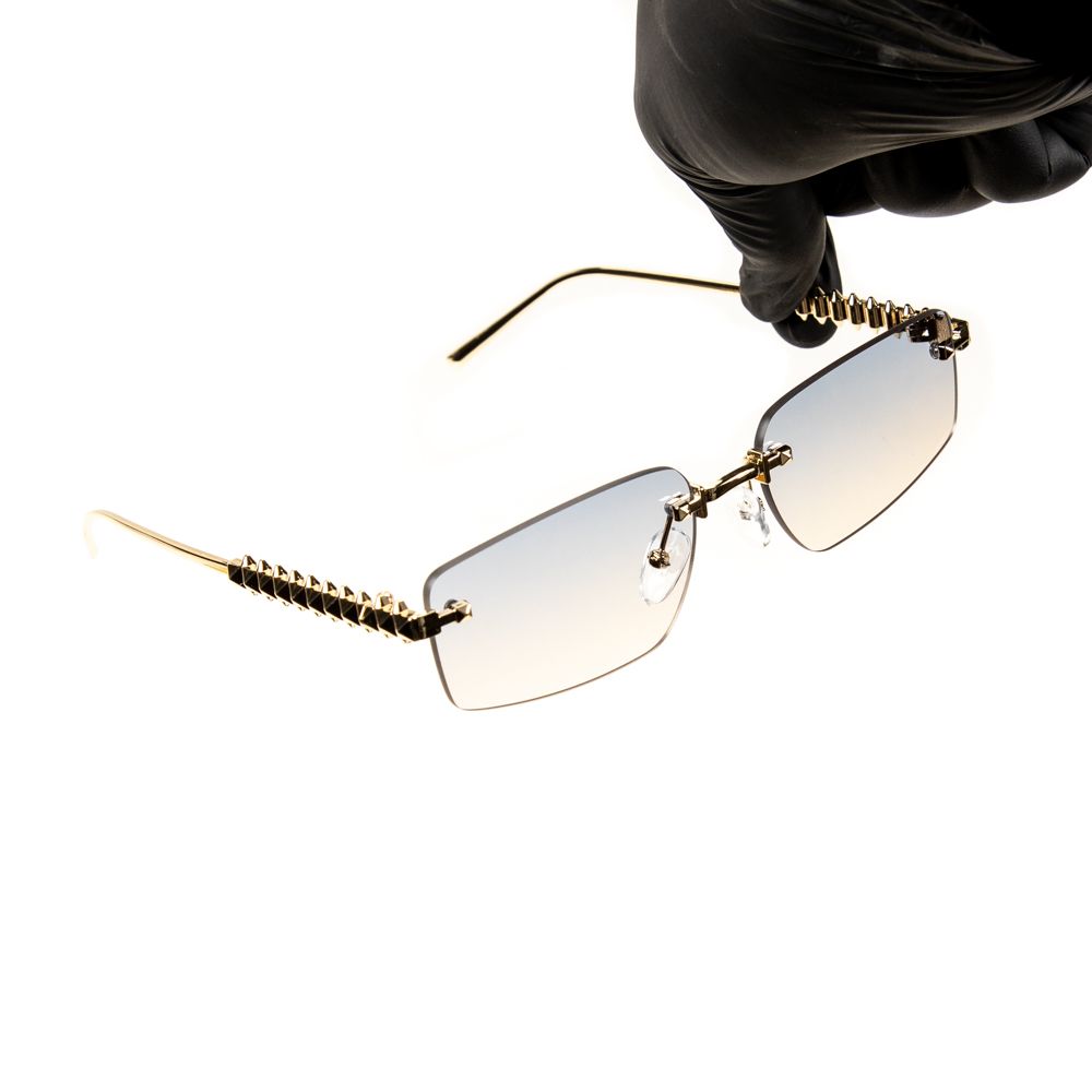 Men's Rimless Grey &amp; Tan Gradient Tint Spiked Gold Wire Frame Sunglasses