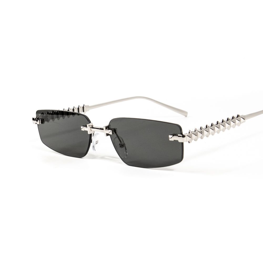 Men's Rimless Dark Black Tint Spiked Silver Wire Frame Sunglasses