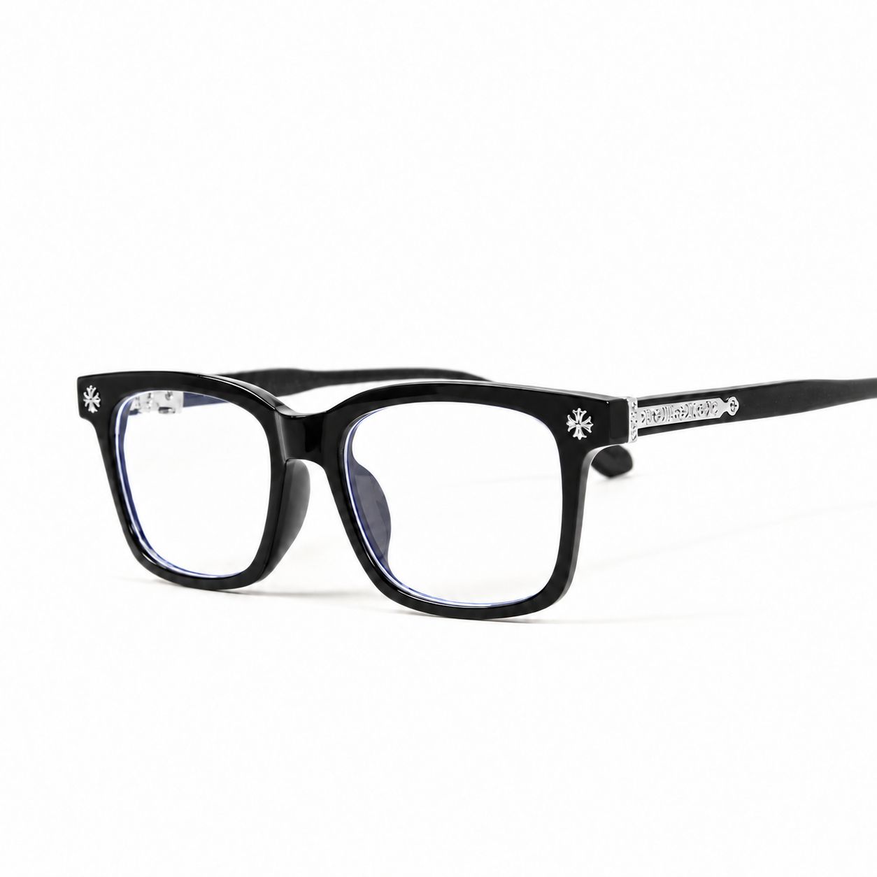 Non-prescription Clear Lens Fashion Classic Black Silver Plated Metal Cross Eyeglasses