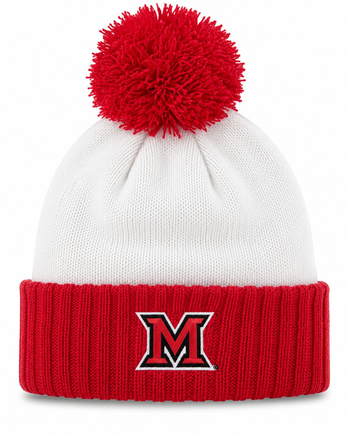 LogoFit Miami University RedHawks Pom Hat with Red Cuff – Red/White