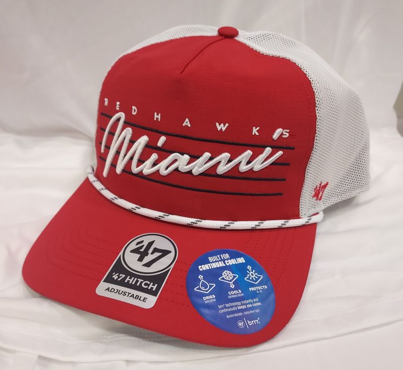 Red &amp; White Hat with Miami Script under Redhawks and White Rope