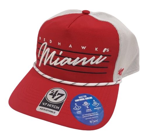 Red &amp; White Hat with Miami Script under Redhawks and White Rope