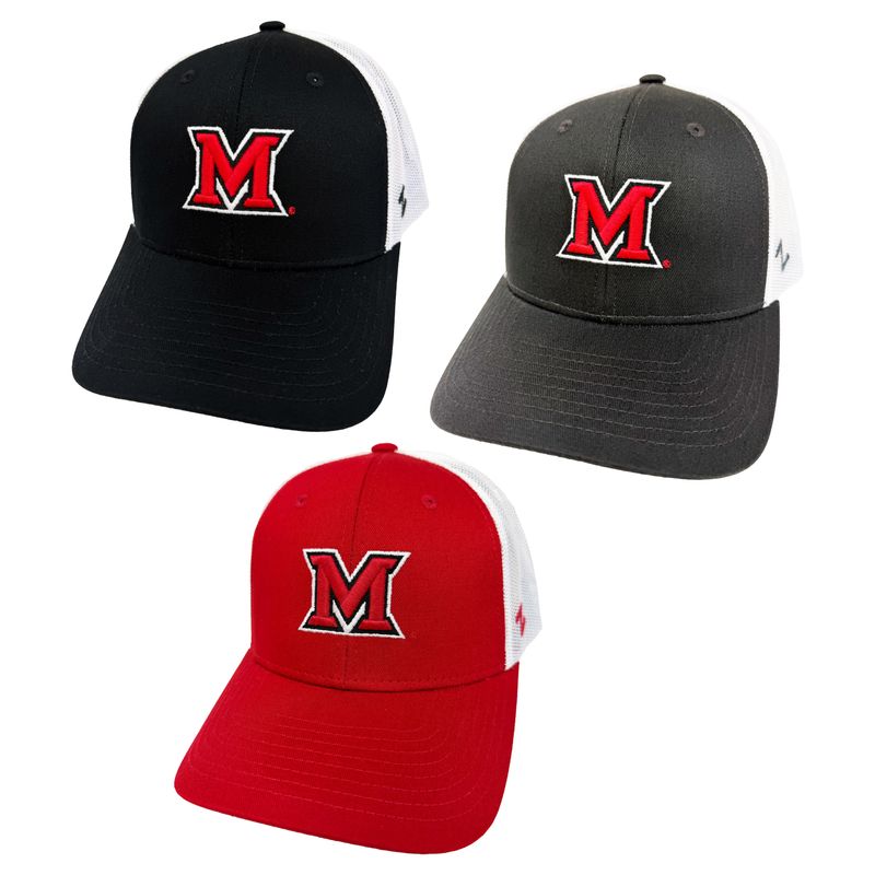 Miami University RedHawks Zephyr M Trucker Hat – Black, Gray, or Red Adjustable Cap