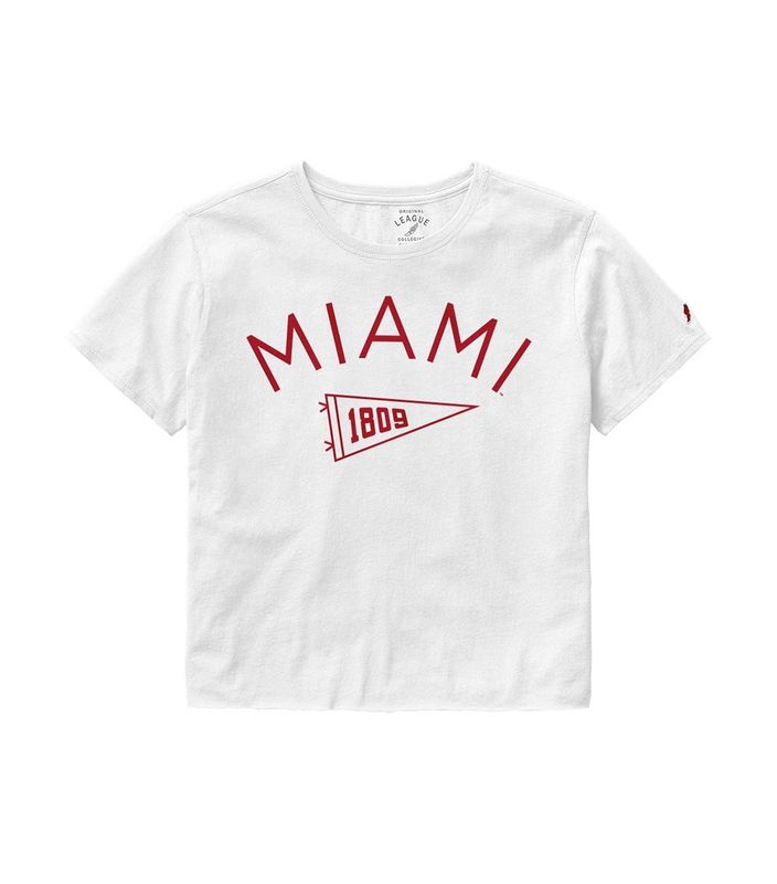 Women's Miami University Cropped White Pennant Tee