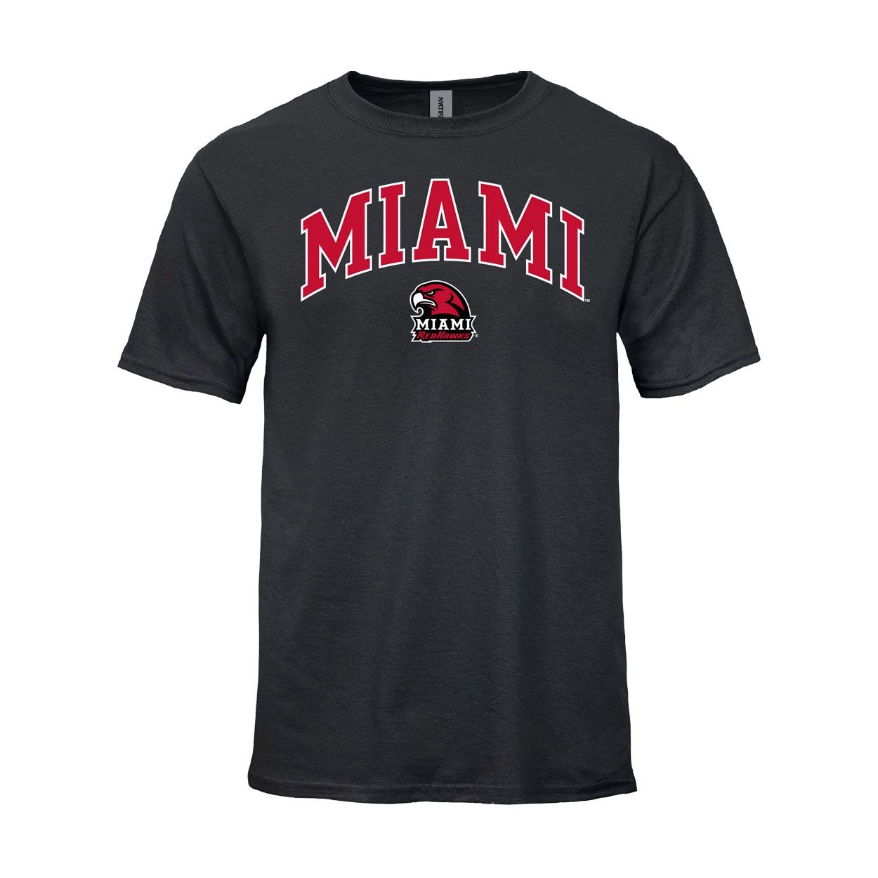 Miami University Short Sleeve Tees w/ RedHawk, Color: BLACK, Size: S