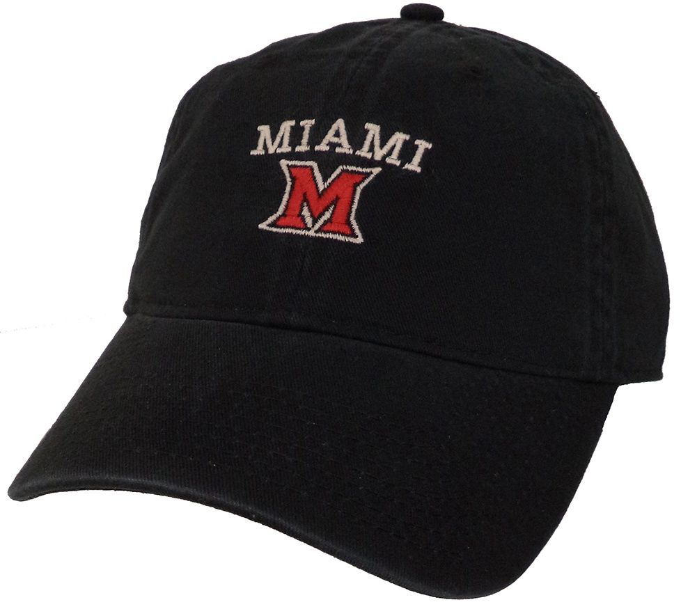 Miami University RedHawks Legacy Arched Miami Over M Adjustable Hat – Relaxed Twill Cap, Color: BLACK