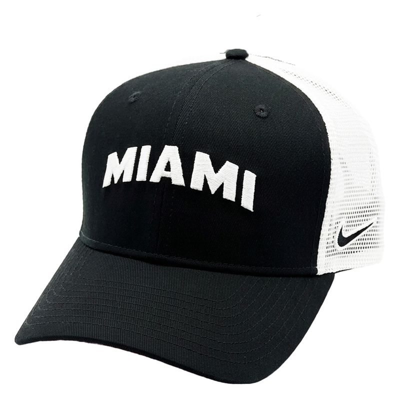 Miami University RedHawks Nike Rise Trucker Hat – Black &amp; White Arched Miami Adjustable Cap