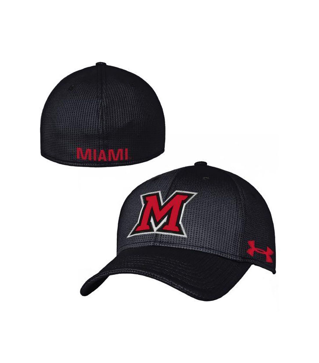 Under Armour Miami University RedHawks M Logo Fitted Hat – Black &amp; Red, Color: BLACK, Size: M/L