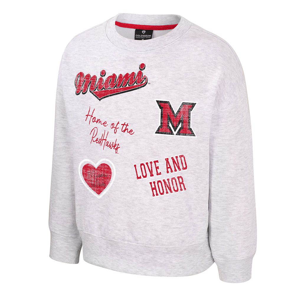 Colosseum Youth Girls Miami University RedHawks Gray Graphic Crew, Size: XS