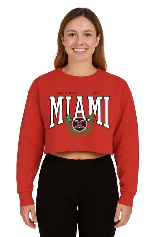 Women's Red Crop Crew Established 1809 with Green Laurels