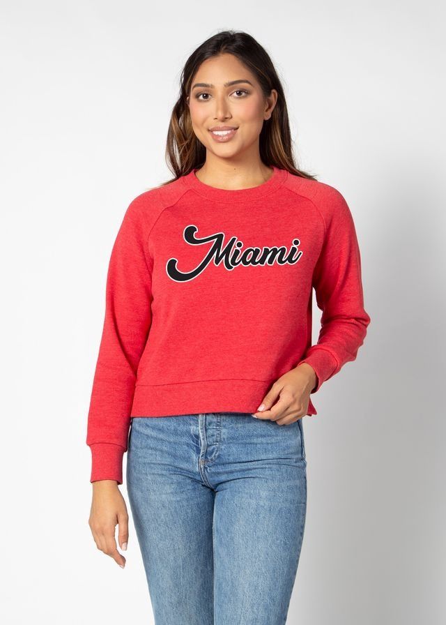 Women's Boxy Raglan Crew in Red with Script Miami, Size: S