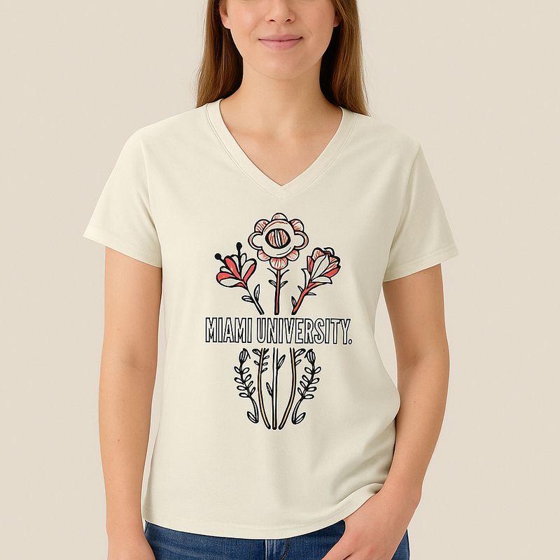 Women's V-Neck Short Sleeve Tee with Flowers