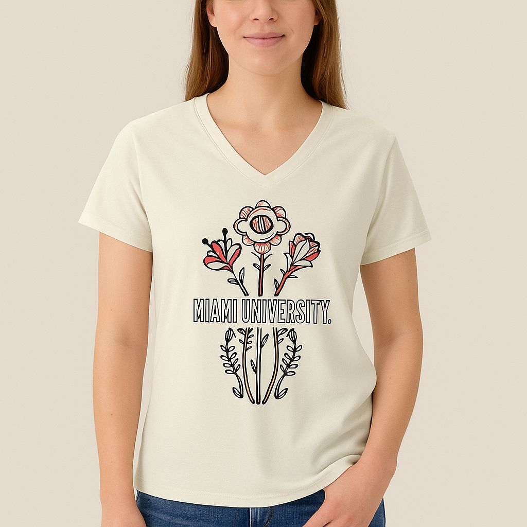 Women's V-Neck Short Sleeve Tee with Flowers, Size: S