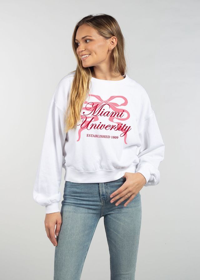 Women's White Campus Crop with Pink Ribbon, Size: S