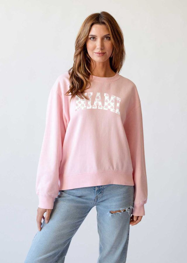Women's Pink Crew with sewn Miami with flowers