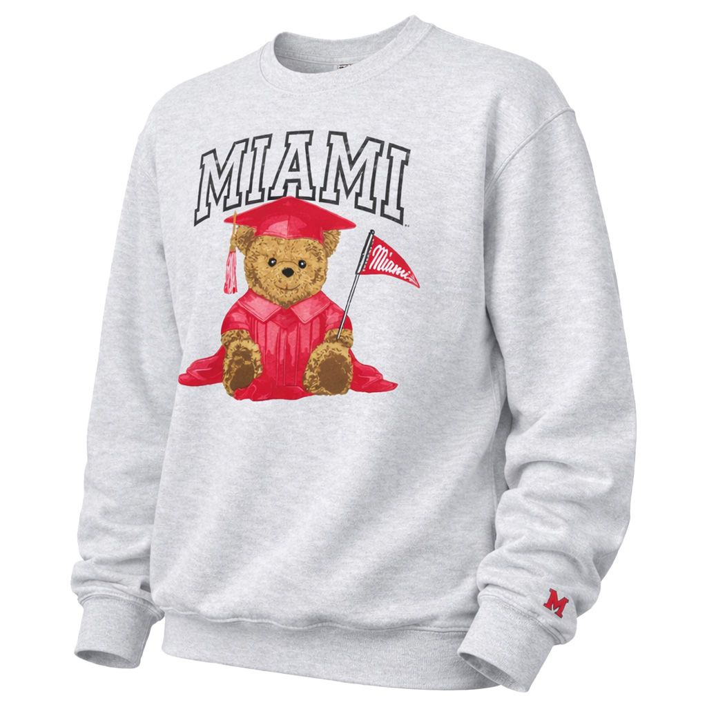 Miami University RedHawks Graduation Bear Crewneck Sweatshirt – Ash