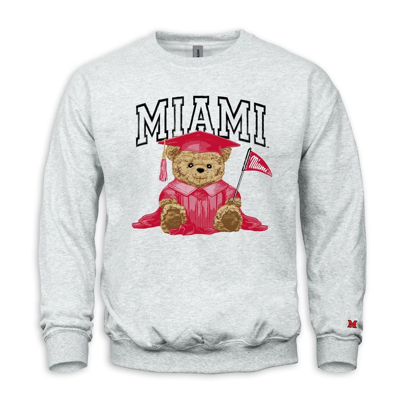 Miami University RedHawks Graduation Bear Crewneck Sweatshirt – Ash
