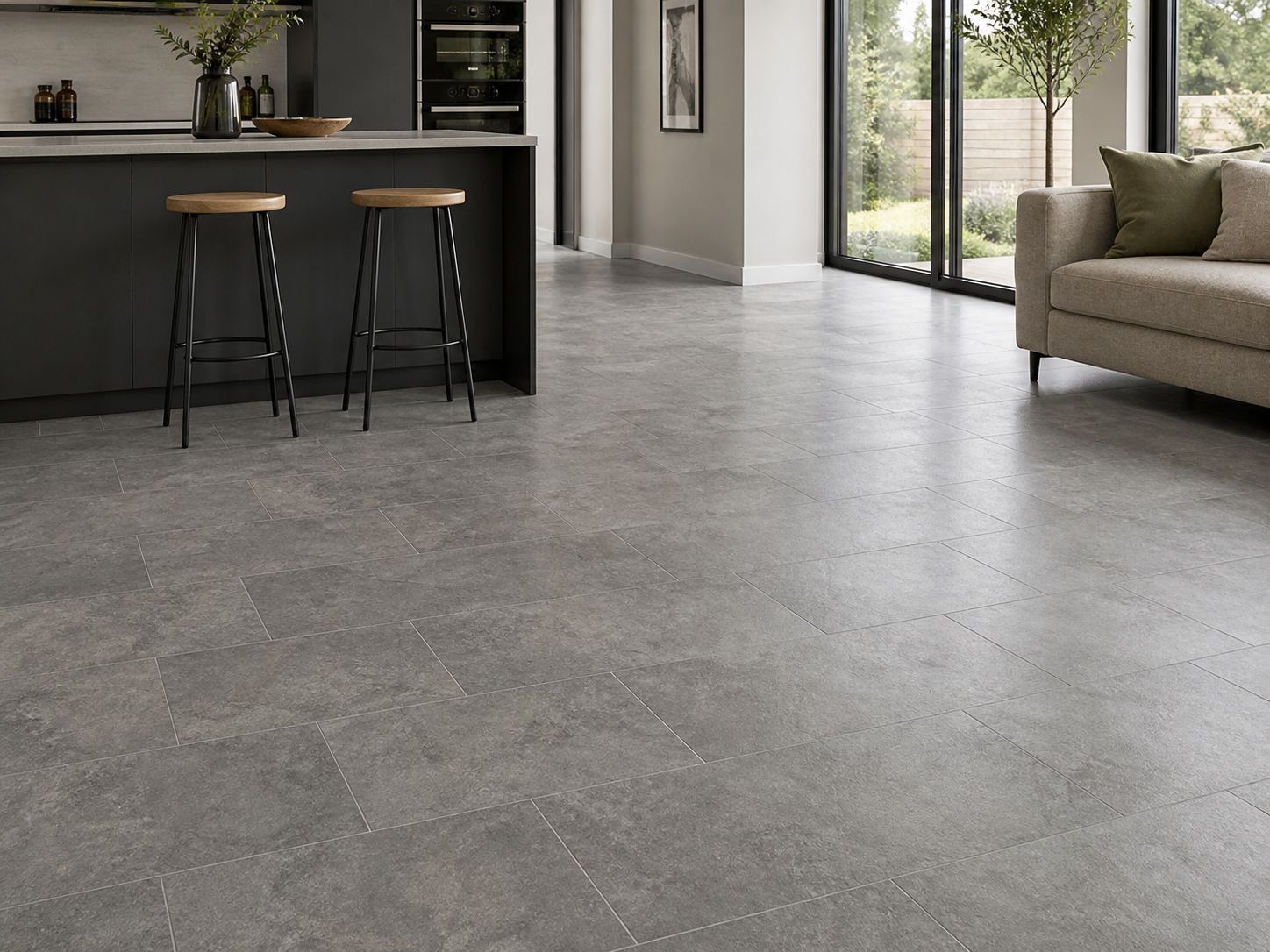 Firmfit Mid Grey Stone Effect Tile Vinyl Flooring LT-4031