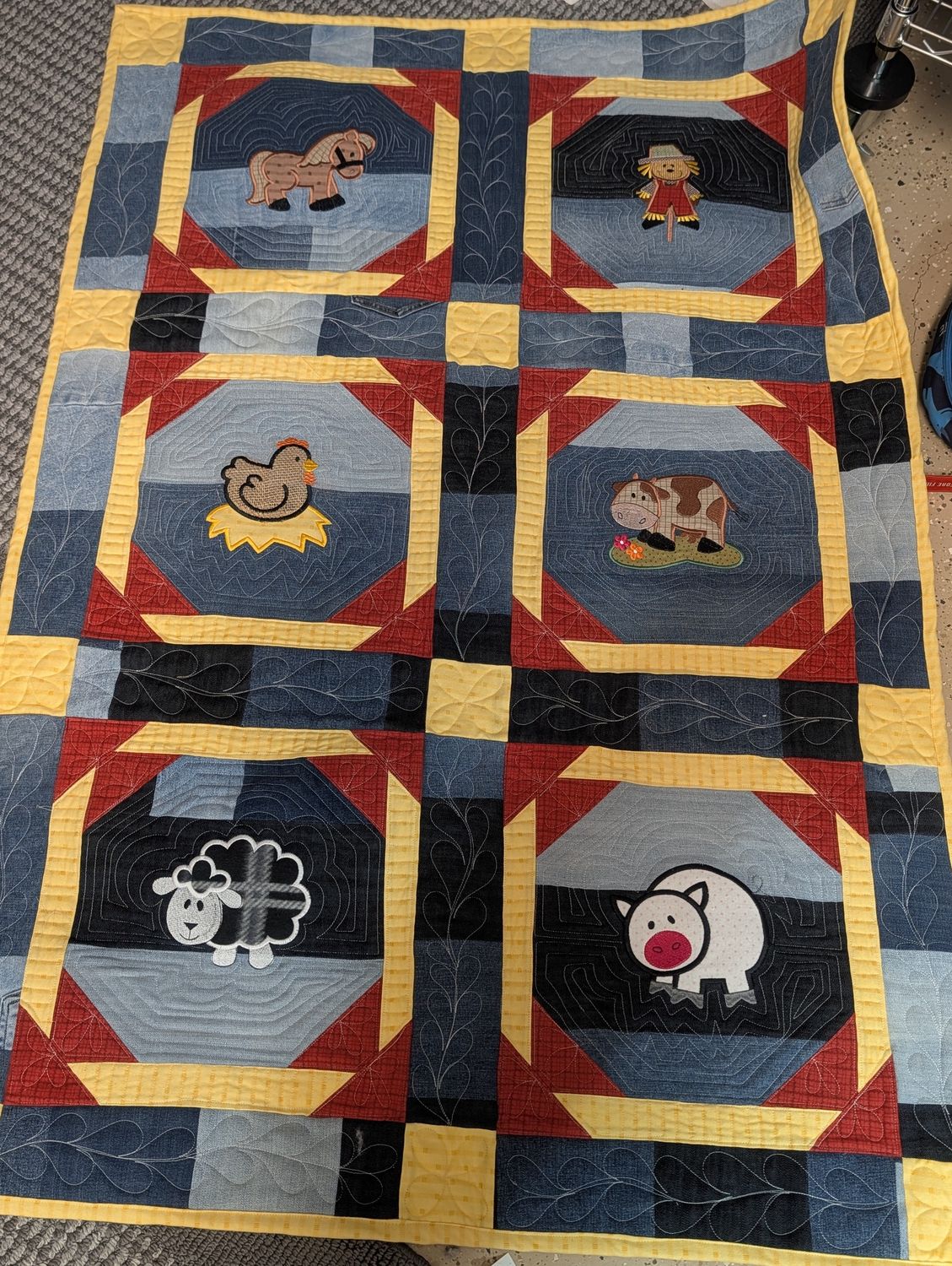 Custom Quilt Any Size, Color: Denim and Red Farm animals