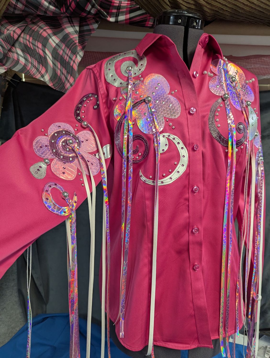 Rodeo Queen Shirts with Fringe, Size: Small Satin Stretch Pink