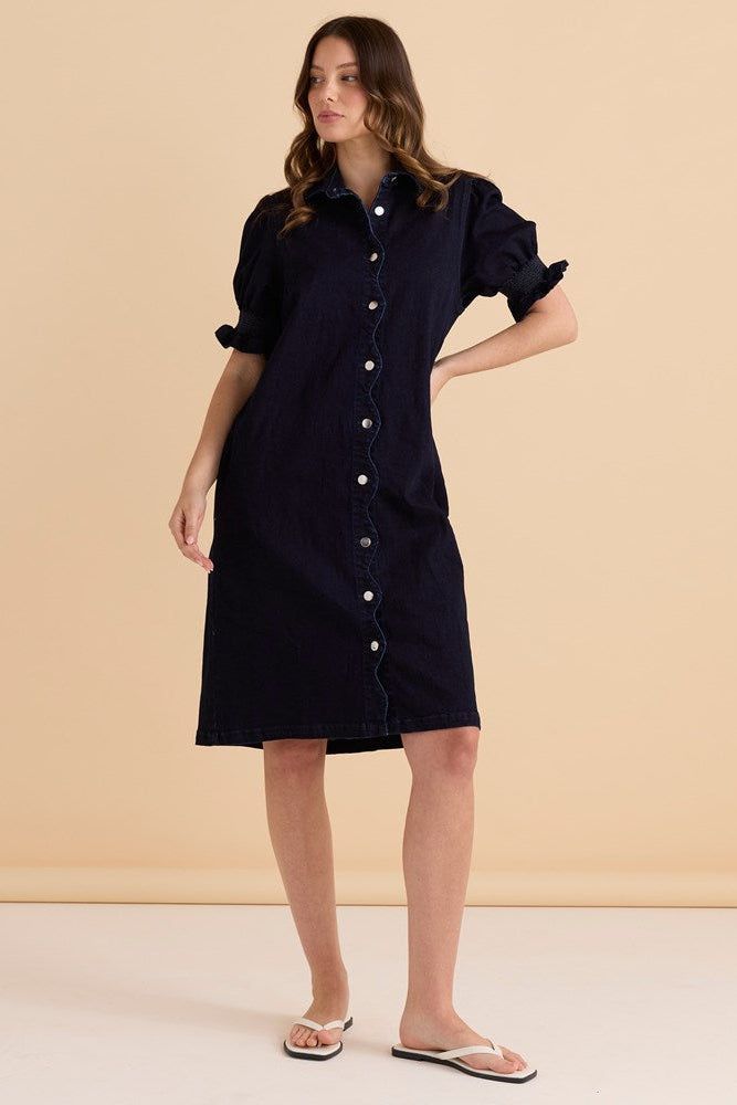 Betty Basics Scallop Denim Dress - Indigo Blue