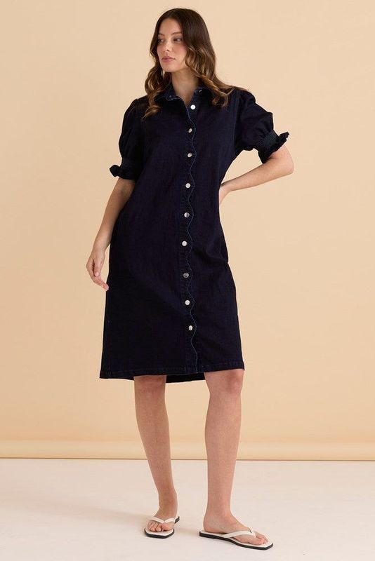 Betty Basics Scallop Denim Dress - Indigo Blue