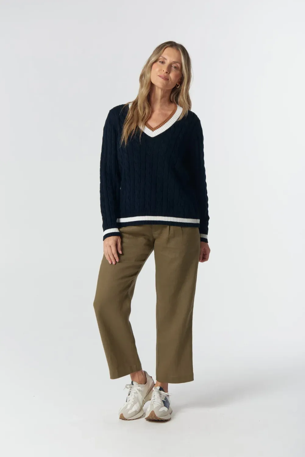 Goondiwindi Cotton Harvest V Neck Cotton Jumper - Dark Navy/White/Fox 8241