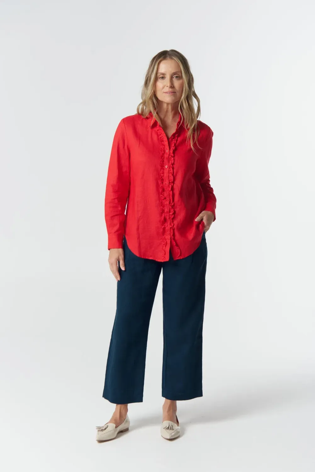 Goondiwindi Cotton Pearl Ruffle Linen Shirt - Poinsettia 4458
