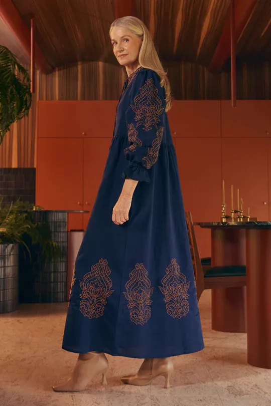 Adrift Tanya Embroidered Dress in Navy