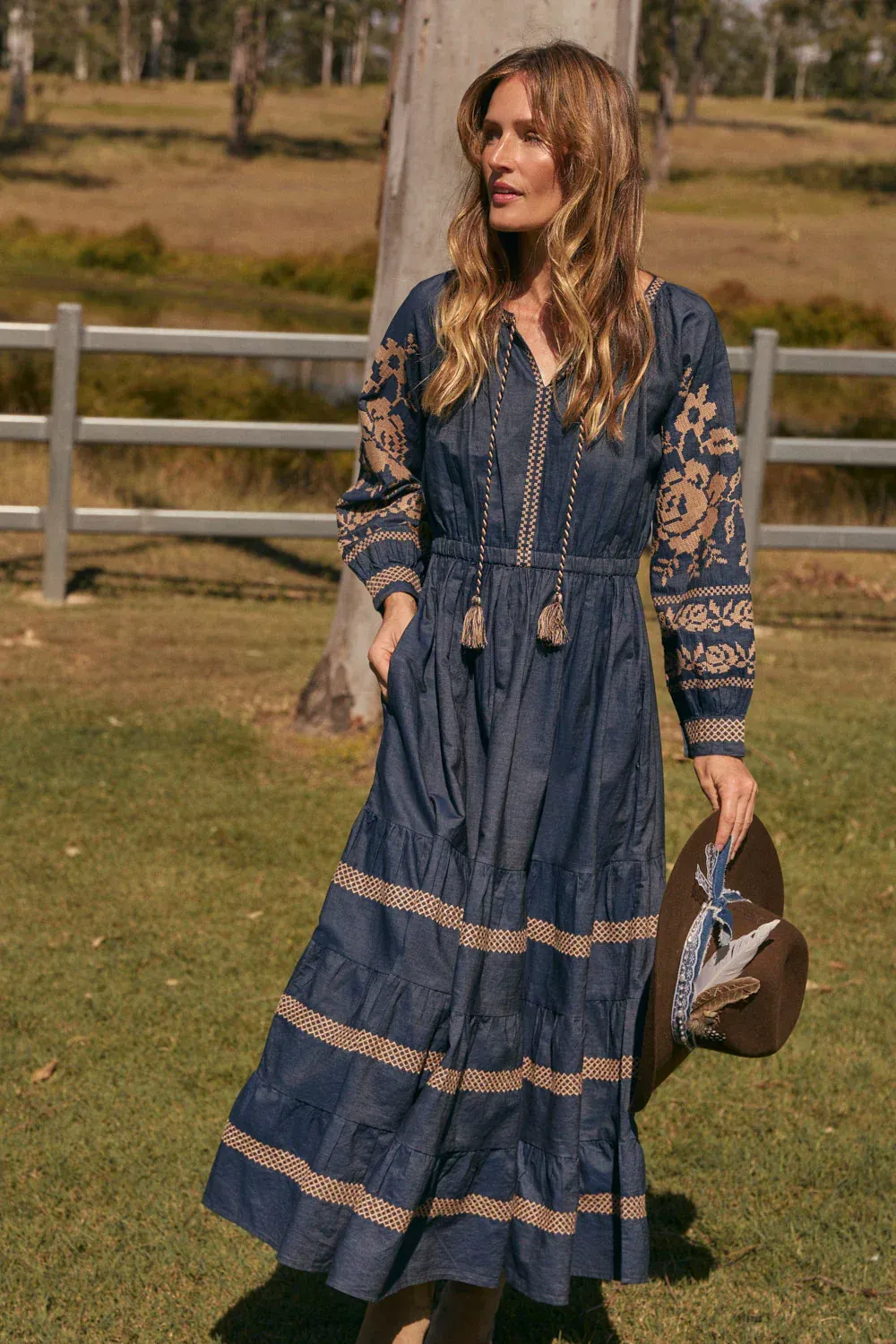 Adrift Tabitha Embroidered Chambray Dress in Mid Wash