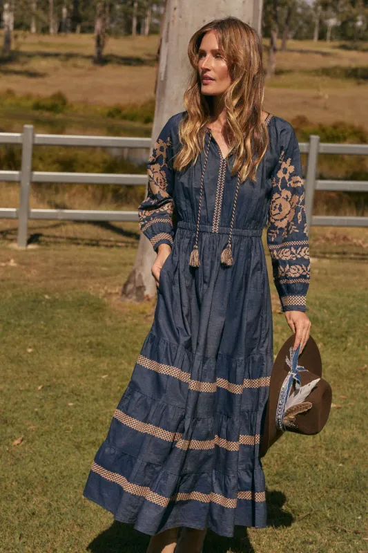 Adrift Tabitha Embroidered Chambray Dress in Mid Wash