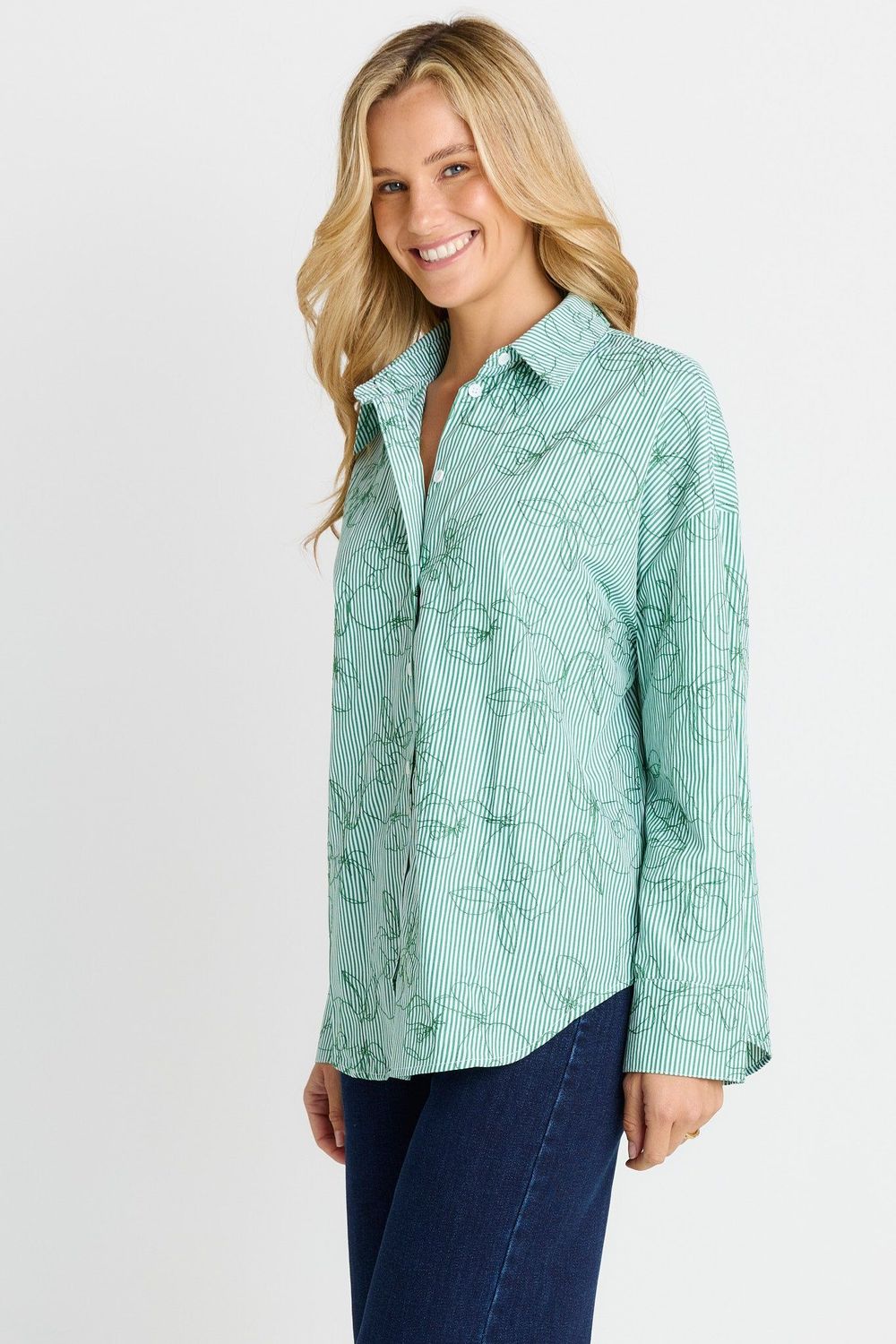 BETTY BASICS SAGE SHIRT GREEN STRIPE