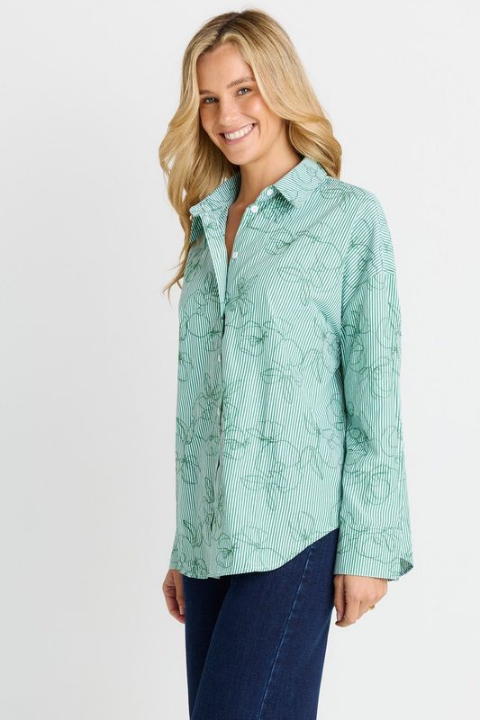 BETTY BASICS SAGE SHIRT GREEN STRIPE