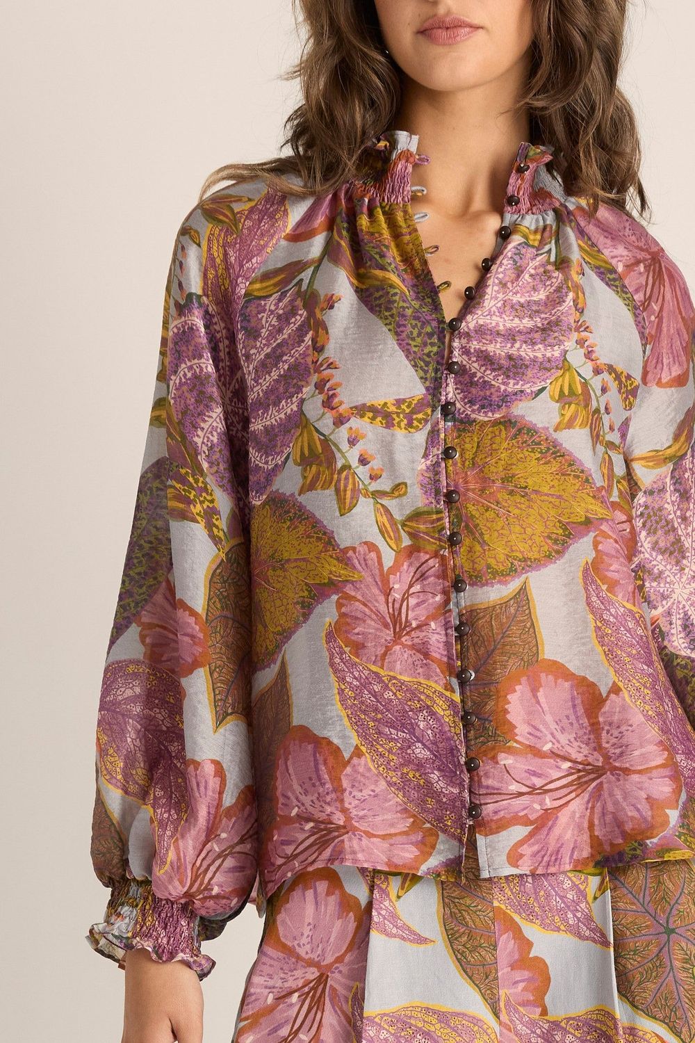 Fatev& Becker Daria Shirred Blouse - Leaf Print
