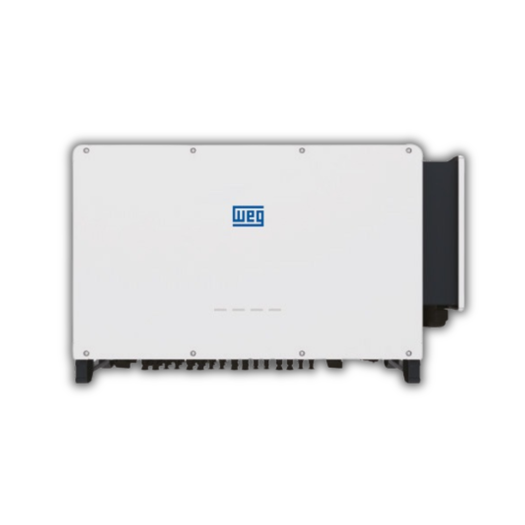 WEG SIW400G, WEG Grid-Tied Inverter.
Front view of a WEG 100kW 3-Phase Grid-Tied Inverter, highlighting its robust design, cooling fans, and digital display for monitoring performance.