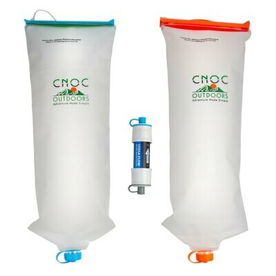 Hydroblu Versa Flow Water Filter and Two CNOC Vecto Water Containers - Orange and Blue