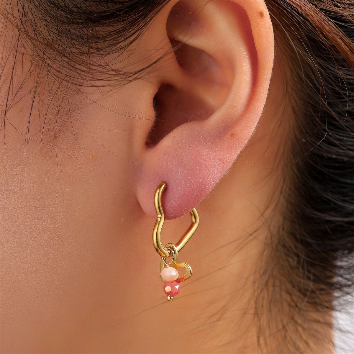 Double Heart Stone Hoop - Gold / Coral