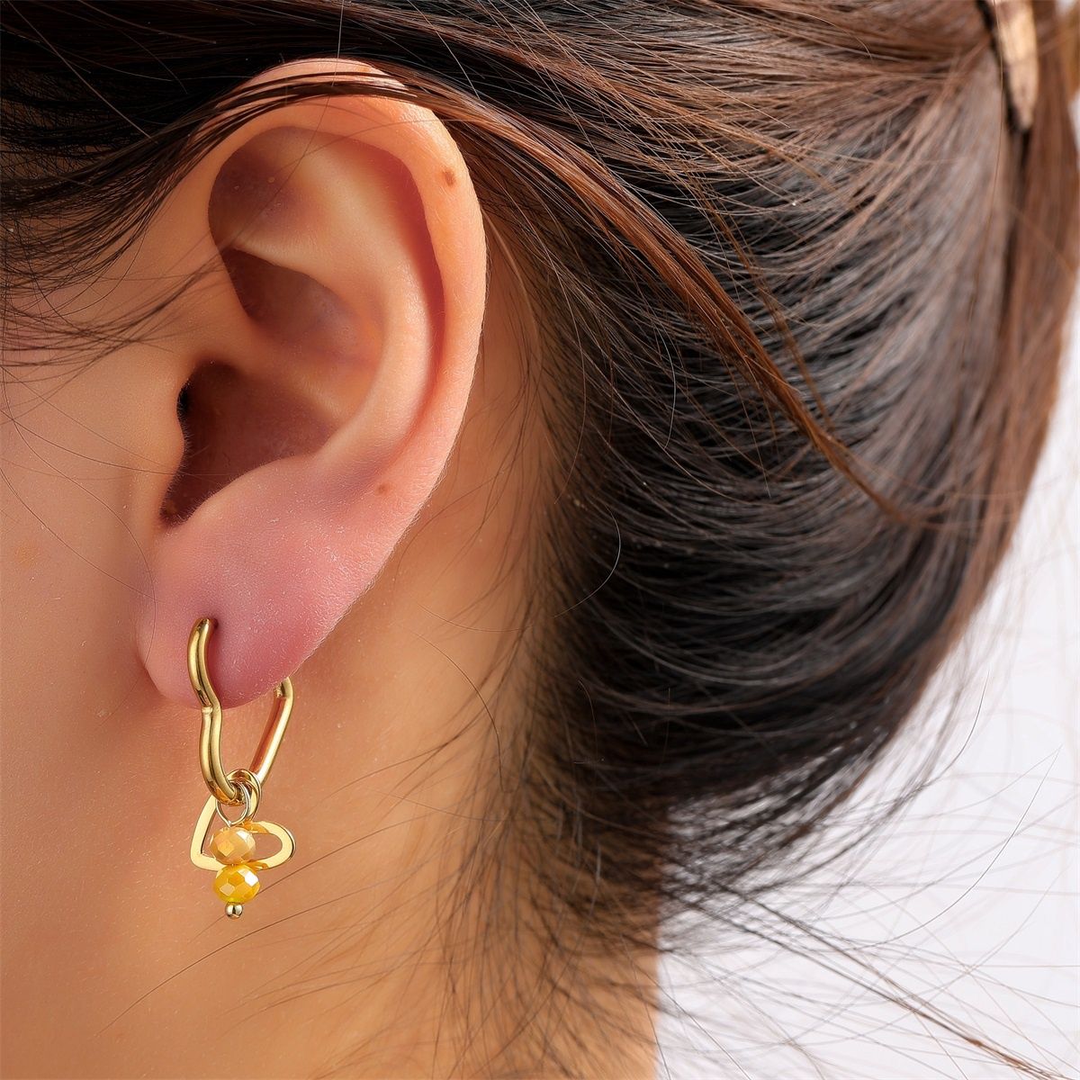 Double Heart Stone Hoop - Gold / Butter Yellow