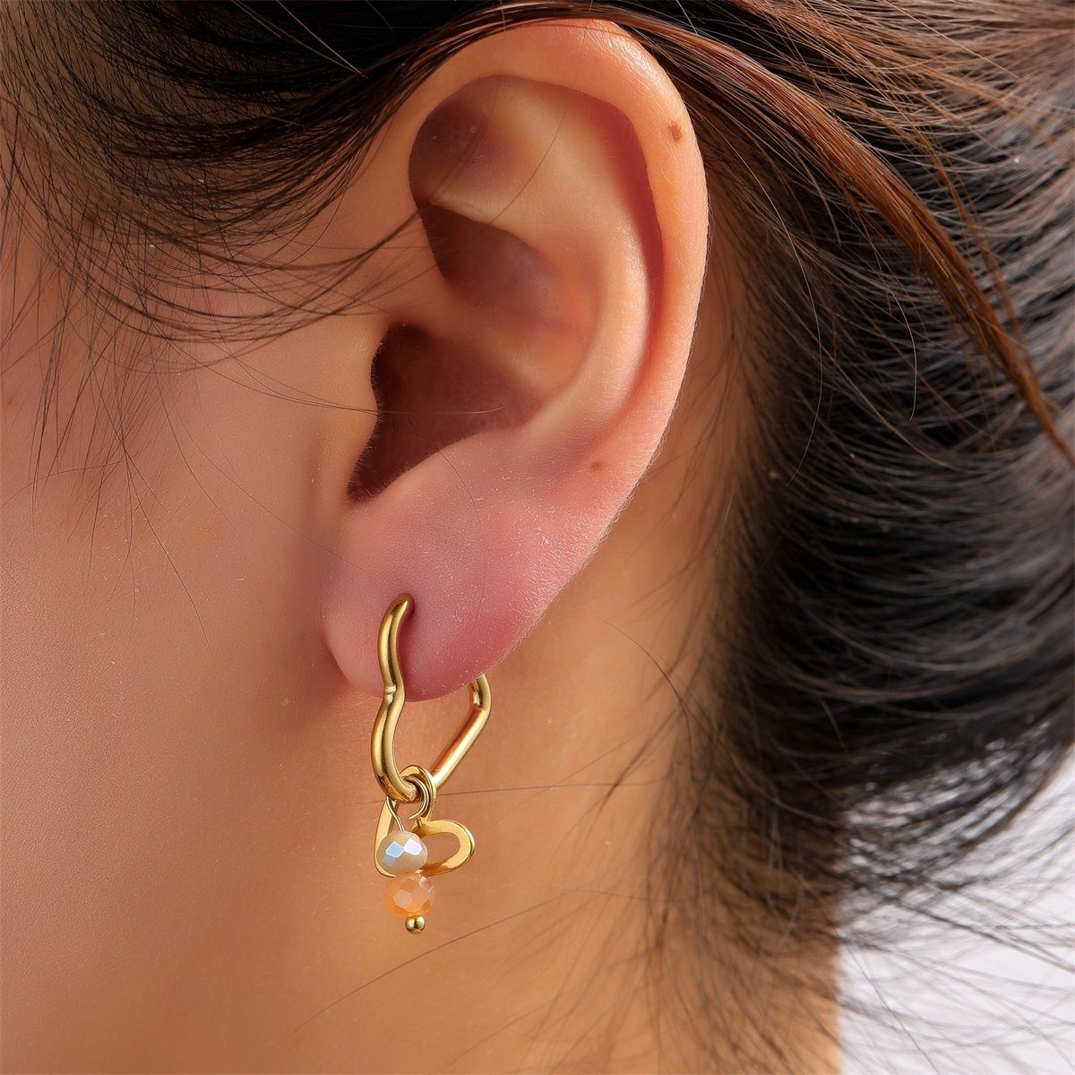 Double Heart Stone Hoop - Gold / Taupe