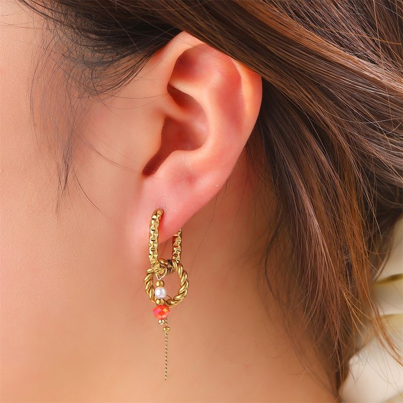 Round + Stone Hoop - Gold / Coral